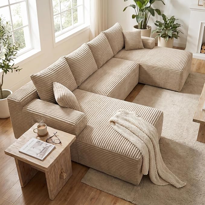 132" Oversized U-Shaped Cloud Sectional Couch Plush Corduroy Boneless Symmetrical Sofa, Front Facing Modular Compressed Boneless Sectional Sofa with Double Chaise Lounges