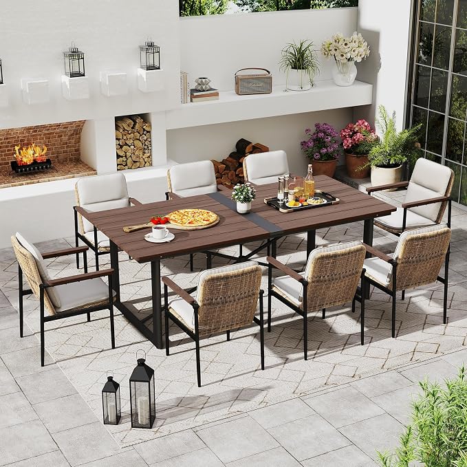HAPPATIO 9 Piece Patio Dining Set Outdoor, 8 Wicker Chairs with Aluminum Frame and Olefin Cushions, Large Wooden Dining Table with Umbrella Hole,Patio Table and Chairs for Backyard Garden Porch
