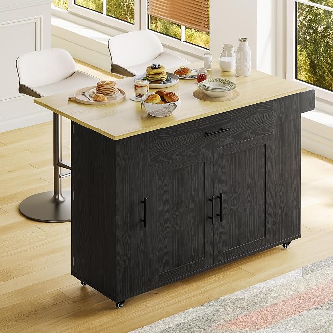 IRONCK Rolling Kitchen Island Table on Wheels with Drop Leaf, Storage Cabinet and Drawer, 52 in Kitchen Cart with Spice and Towel Rack for Kitchen, Black