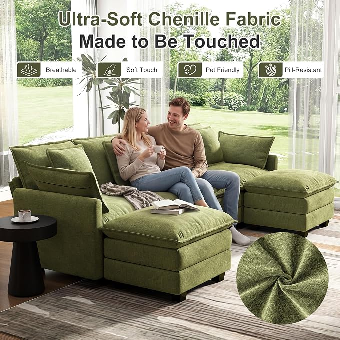 107" Cloud Couch Sectional, U Shaped Modular Sectional Sofa, 4-Seat Deep Seat Couch with 6 Removable Washable Pillows and 2 Ottoman for Living Room, Bedroom, Apartment, Green