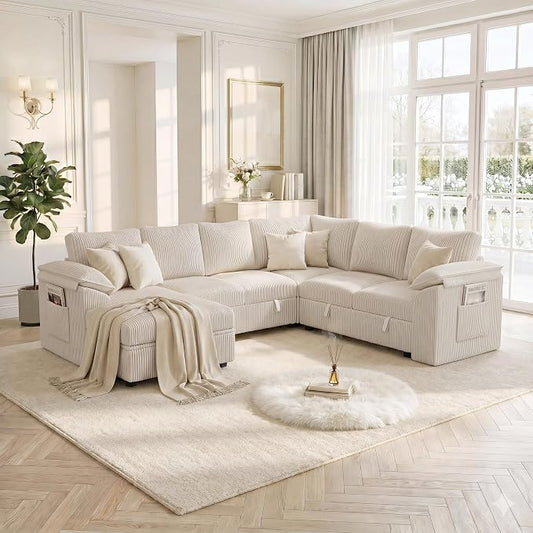 108 Inch Sectional Sleeper Sofa Bed with Pull Out Couch, U Shaped 7 Seat Cloud Modular Sectional Sofa with Storage, Corduroy Sectional Couches for Living Room, Removable Sofa Cover, Beige
