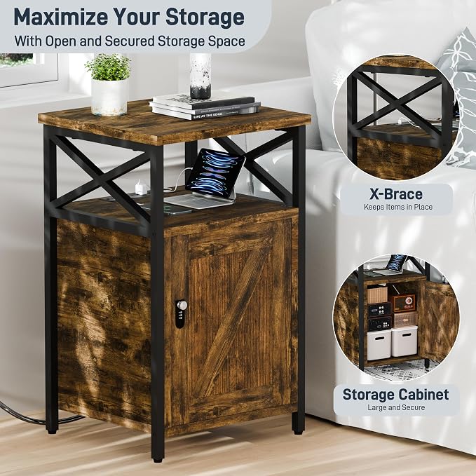 Night Stand Set 2, Bedroom Nightstands, Matching Bedside Table, Retro Brown | Lock and Charging Station, USB C Port, Large Lockable Storage Cabinet, End Tables with Door, Metal and Wood Bed Side Tables