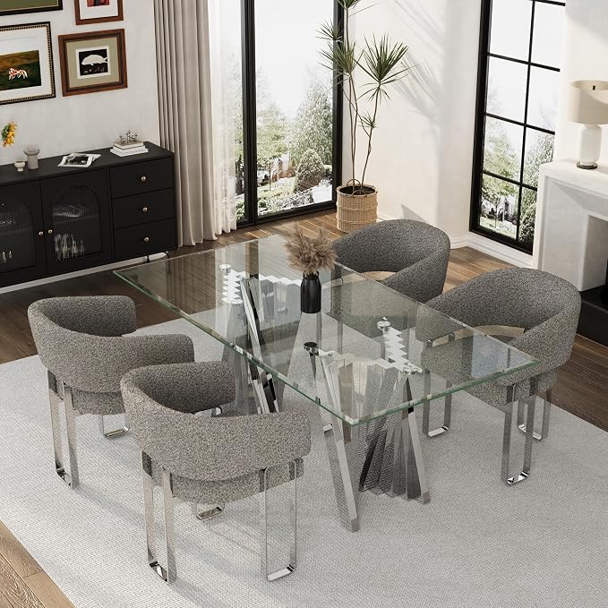 Dining Chairs Set of 4, Boucle Barrel Dining Room Chairs, Grey Armchair with Curved Backrest and Mirrored Chrome Stainless Steel U-Shaped Legs