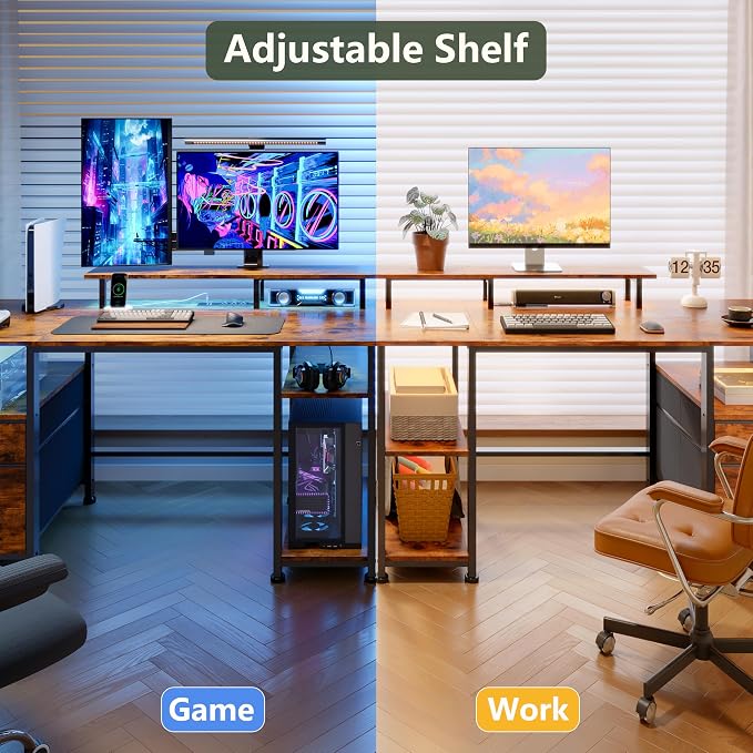 Furologee 51" Computer Desk with Power Outlet and LED Lights, Reversible Home Office Desk with File Cabinet & Monitor Stand, Large Gaming Table with Storage Shelves & Drawer, Rustic Brown