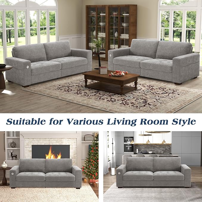 WorthFurni Sofas for Living Room, Chenille Loveseat Couch Set, Small Sofa, 3 Seater Sofa, USB Charging, Removable Sofa Cover,Solid Wood Frame, Easy to Install(89inch,Grey)