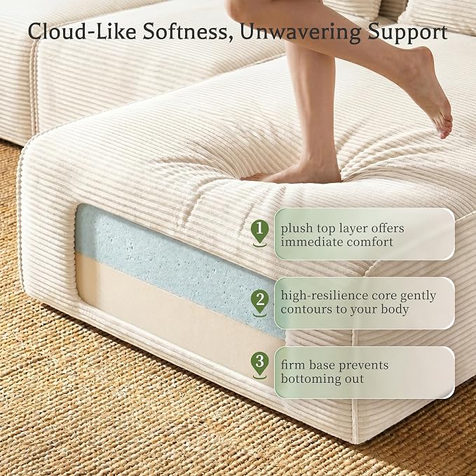 Homkdom 98" Boneless Modular Sectional Sofa, Cloud Couch with 27" Deep Seat & Oversized Chaise, L-Shaped High-Density Foam Sofa for Living Room Apartment, No Assembly Required (White, Right Facing)
