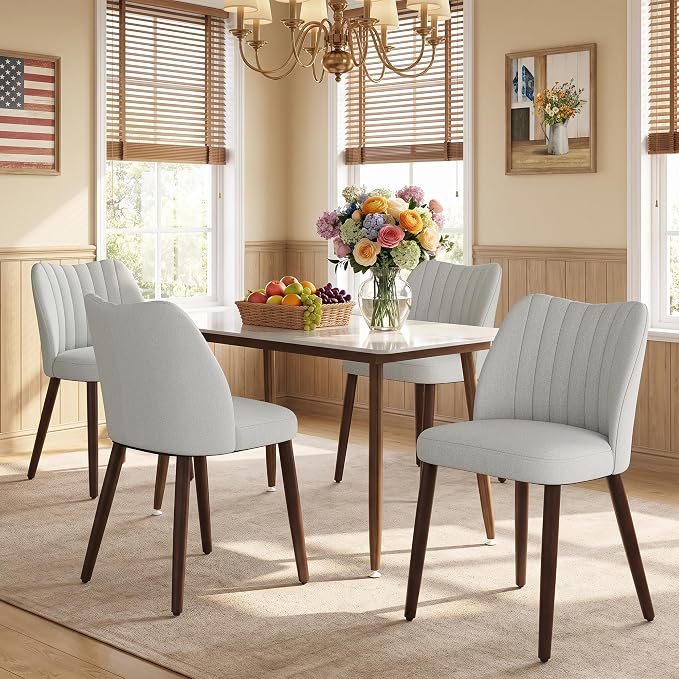Upholstered Dining Chairs Set of 4, Modern Fabric Dining Chairs with Curved Backrest & Solid Rubber Wood Legs, Padded Kitchen Dining Room Chairs for Restaurant Cafe, Light Grey
