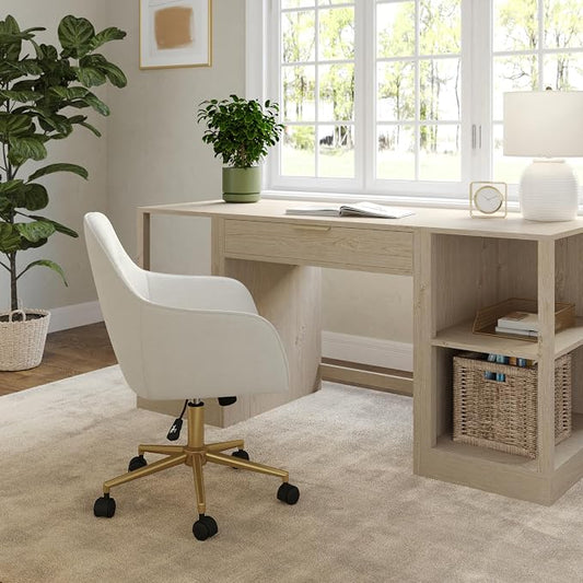 Martha Stewart Rayna Swivel Task Chair with Flared Arms for Home Office in Off White Fabric with Polished Brass Frame
