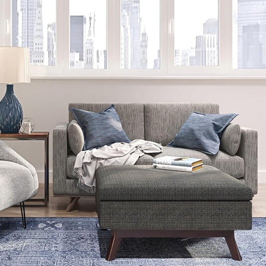 SIMPLIHOME Owen Coffee Table Storage Ottoman - 34" Wide x 19" High Upholstered Tweed Look Fabric Rectangular Lift-Top Ottoman in Ebony, Mid-Century Modern Bench for Living Room with Tapered Legs