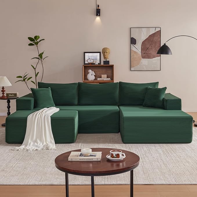 Mangodan 110” Cloud Sectional Couch, Boneless Sofa for Living Room, Modular Sectional Sofa with Deep Seat, Comfy Fluffy U-Shaped Couch with Right-Facing Chaise, No Assembly Required, Green