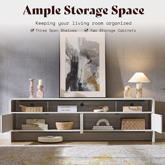 AMERLIFE 70" Modern TV Stand for TVs Up to 80", Wood TV Console with Curved Profile Design & 2 Storage Cabinets, Media Console Entertainment Center for Living Room, White