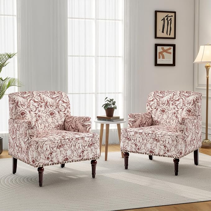 Accent Chair, Mid Century Modern Comfy Armchair for Living Room, Linen Fabric Single Sofa Lounge for Reading Bedroom Apartment Waiting Room with Wood Legs (Rococo Orange, Set of 1)