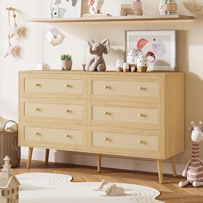 Rattan 6 Drawer Dresser for Bedroom, 47.3" Wide Dresser Chest of Drawers, Boho Wood Dresser TV Stand with Wood Handles, Storage Dressers Closet Organizer for Living Room Hallway, Natural Oak