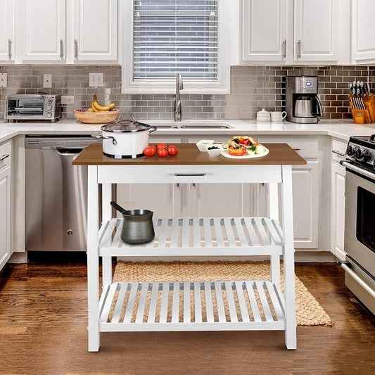 Kitchen Island with Solid Wood Top, White & Cherry Natural