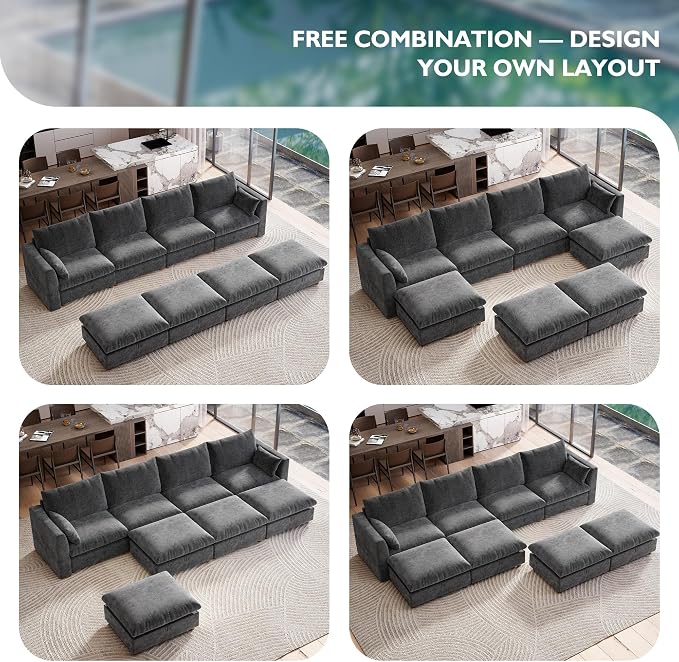 Ihanherry 152" Oversized Modular Sectional Sofa, Modern Cloud Couch with 4 Storage Ottoman, 8-Seat Comfy Chenille Deep Seat Sofa with 2 Pillows for Living Room, Grey