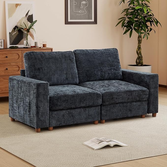 ORRD Comfy Loveset Couch, Chenille 2 Seat Sofa with Pillows, Modern Loveseat Sofa with Storage for Apartment, Living Room, Black Blue