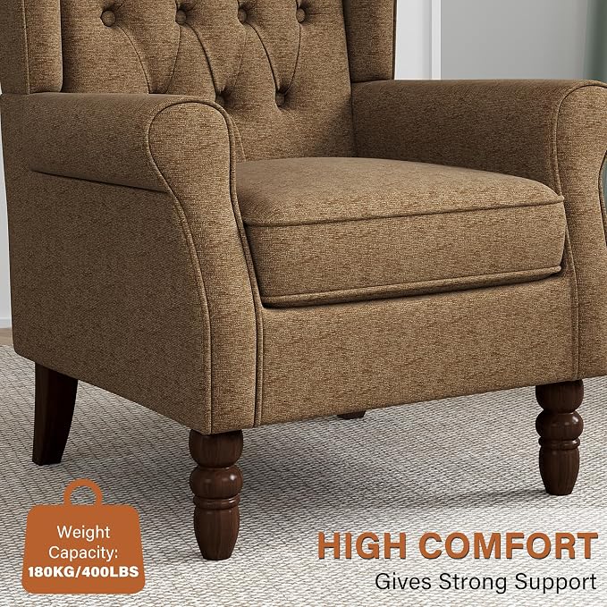High Back Accent Chairs Set of 2, High Wingback Chair for Living Room, Button-Tufted Upholstered Fabric Armchair with Solid Wood Legs, Comfy Single Sofa Reading Chair for Bedroom, Brown