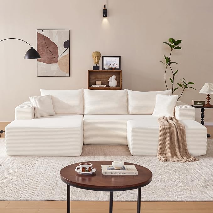 Mangodan 110” Cloud Sectional Couch, Modular Sectional Sofa with Deep Seat, Boneless Sofa for Living Room, Fluffy Comfy U-Shaped Couch with Left Facing Chaise, No Assembly Required, Beige