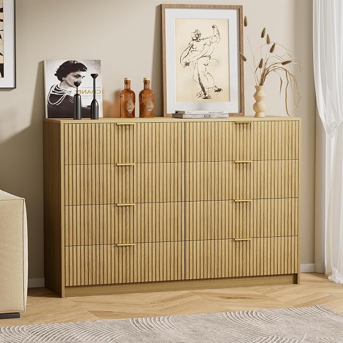 Furniway Mid Century Modern Dresser for Bedroom, 8 Drawer Wood Dresser with Fluted Front, 55" Wide Chest of Drawers for Closet, Living Room, Hallway, Natural Oak