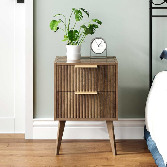 YAUKOMEL Mid Century Modern Nightstand,Small Bedside Table with 2 Drawers,Fluted Side Table,Walnut Brown End Table for Living Room,Bedroom,Small Space,Caramel Oak 11.8" D x 15.7" W x 22.8" H CTG55BR