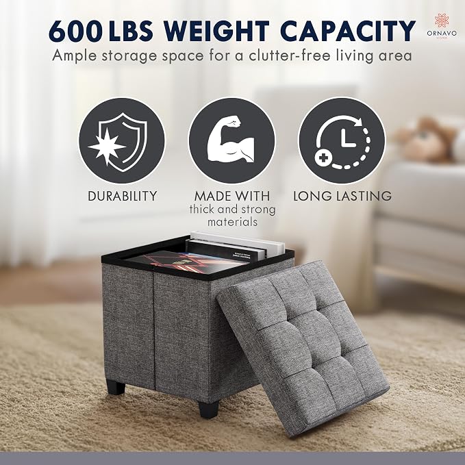 Ornavo Home Storage Ottoman with Legs, Square Cube Foot Rest Stool Seat, for Living Room, Bedroom, Home Office, Dorm - 15 x 15 x 15, Dark Gray