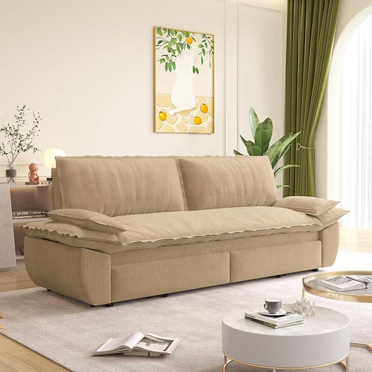 73.2" Sofa Bed Queen Size, Pull Out Couch Bed, 3-in-1 Convertible Sleeper Sofa with Cushion Armrest, Modern Corduroy Futon Couch for Living Room, Small Space, Apartment, Bedroom, Camel