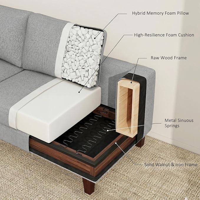 Gericco Mid Century Modern Couches for Living Room, 89" Comfy Grey Couch Sofa with 3-Seater Deep Seats, Upholstered Sofas for Living Room, Office Apartment, Bedroom, Light Grey