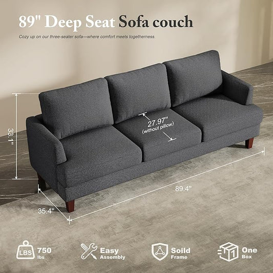 Busaurus 3 Seater Sofa Couch with Deep Seats, 89" Mid Century Modern Upholstered Sofa with Armrests, Comfy Couches for Living Room, Bedroom, Apartment and Office (Dark Grey)
