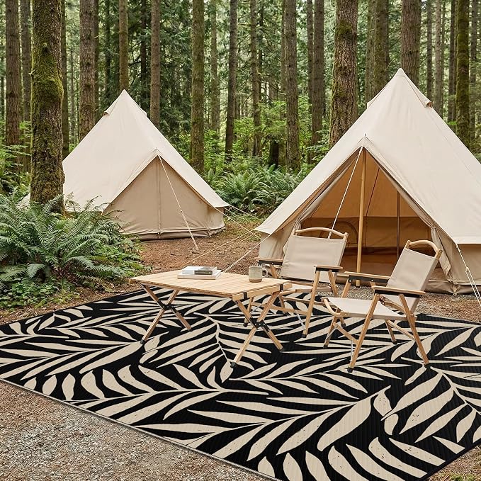 Smiry Outdoor Rug 8x10 ft, Waterproof Reversible Plastic Straw Rugs, Outdoor Area Rug with Leaf Pattern, Outside Floor Mat for Patio, Backyard, Deck, Picnic, Beach, Camping, Black & Beige