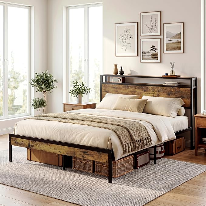 LIKIMIO Queen Size Bed Frame, Platform Bed with 2-Tier Storage Headboard | Metal Bed Frame, Solid and Stable, Noise Free, No Box Spring Needed, Easy Assembly, Durable, Industrial Brown