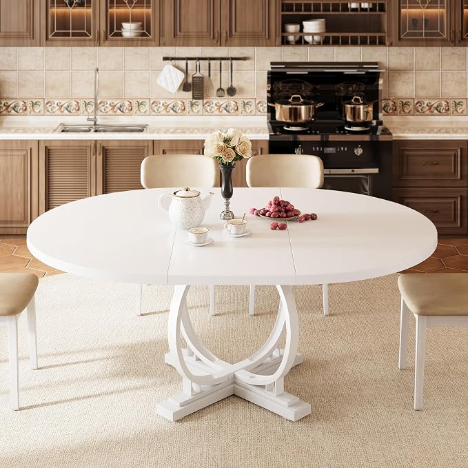 iPormis 59'' Extendable Round Dining Table for 4 to 6, Kitchen Table with Sturdy X-Base Metal Legs, MDF Board with Backboard Clasp, Space Saving, Easy Assembly, Kitchen, Dining Room, White