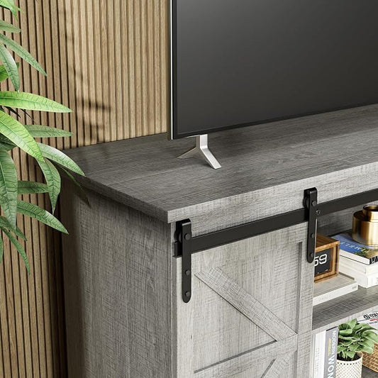 JUMMICO TV Stand for 65 Inch TV, Entertainment Center with Storage Cabinets and Sliding Barn Doors, Mid Century Modern Media TV Console Table for Living Room Bedroom (Pale Gray)
