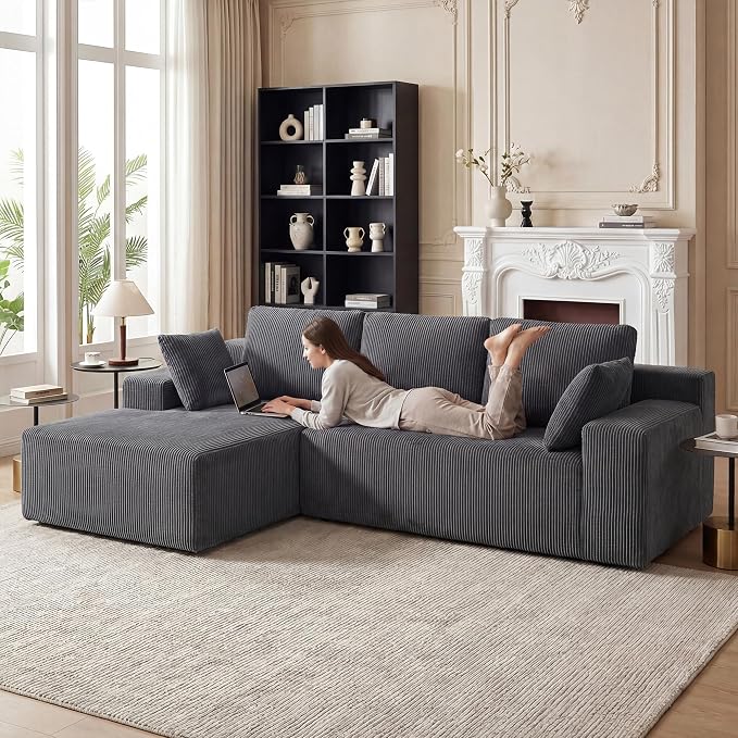 GRUSIGN Cloud Sectional Boneless Couches for Living Room, Modular L Shaped Couch with Deep Seat Oversized Left Facing Chaise, Memory Foam Compressed Spineless 3 Seater Sofa for Apartment, Grey