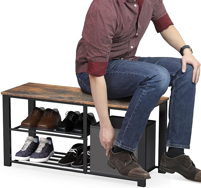 Simple Houseware 2 Tier Shoes Bench with Wood Top and Storage Bins, Rustic Brown