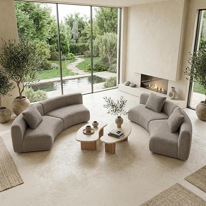 Acanva Formia Boucle Curved Sectional Sofa, 3 Armless Chairs, Light Coffee | Modular Couch, Modern Minimalist, Wood Frame, For Living Room, Apartment, Home Office