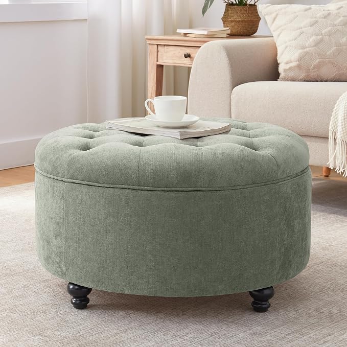 HUIMO 30-Inch Round Storage Ottoman, Modern Button Tufted Coffee Table with Removable Top, Upholstered Ottoman with Storage Footrest Stool for Living Room, Bedroom and Office(Green)
