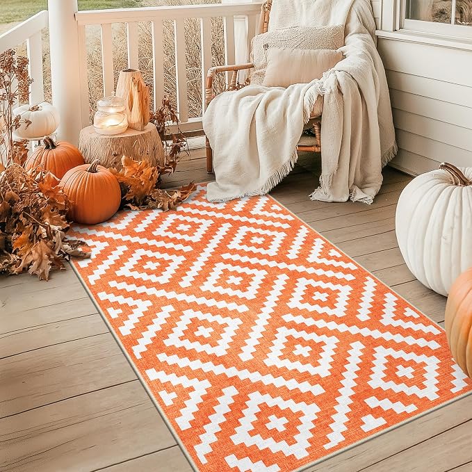 GENIMO Outdoor Rug for Patio Clearance, 3'x5' Indoor Area Rug, Waterproof Reversible Fall Doormat, Outside Camping Carpet for Porch, Living Room, Balcony, Deck, Bedroom, Picnic, White Orange