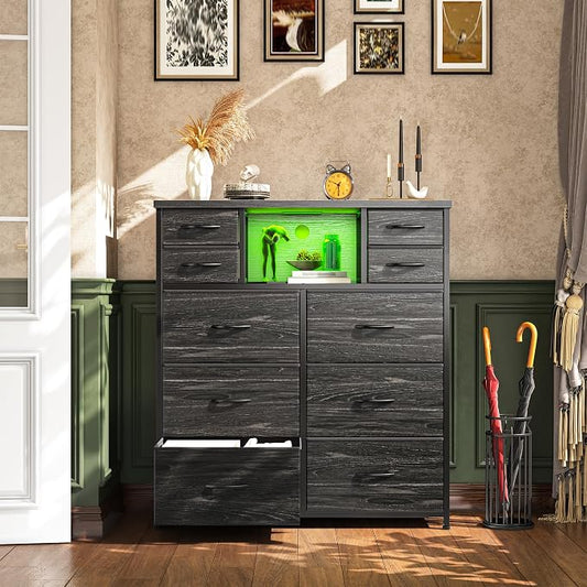 Romorgniz Black Dresser for Bedroom with LED Lights & Power Outlets 2 AC & 2 USB, Fabric 10 Drawer Dressers & Chest of Drawers with Open Shelves for Hallway Living Room Closet, Metal Frame, Wood Top