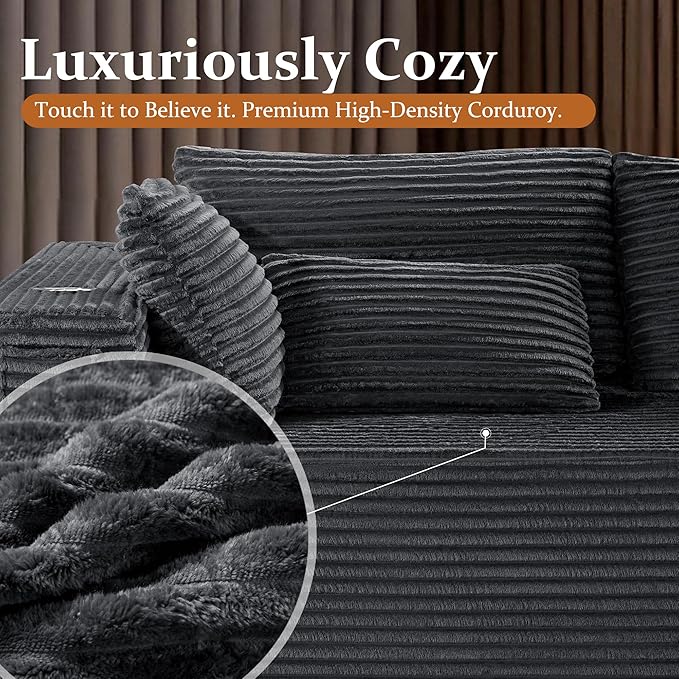 138" Oversized Cloud Sectional Couch, Comfort L Shaped Boneless Couch for Living Room, Extra Deep Seats No Assembly, Minimalist Modular Sofa, Corduroy (Dark Grey, 3 Seater+Right Facing Chaise)