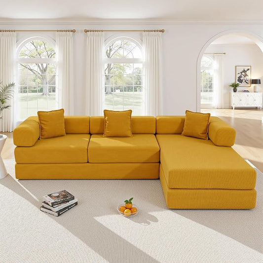 ivoros 108" Oversized Convertible Sleeper Sofa Bed, Corduroy L Shape Sectional Couch, Folding Sofa Bed with Fixed-Shape Frame, Modern Cloud Floor Mattress Couch, Modular Sofa for Living Room, Yellow