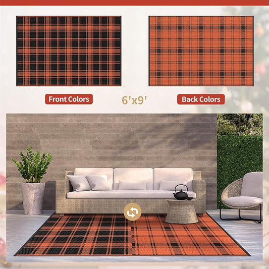 GENIMO Waterproof Outdoor Rug for Patio Clearance, 6'x9' Reversible Plastic Straw Rugs, Lightweight RV Camping Mat for Camper, Balcony, Deck, Backyard, Picnic, Black Orange Plaid