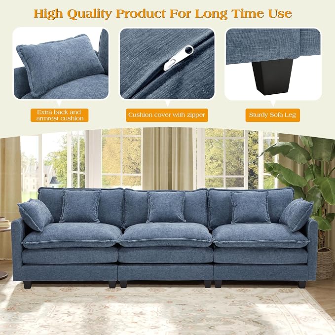 113.4" Modular Sectional Sofa,Cloud Couch for Living Room, Modern Deep Seat Sofa 3 Seater Chenille Fabric Comfy Couches with Throw Pillows for Apartment