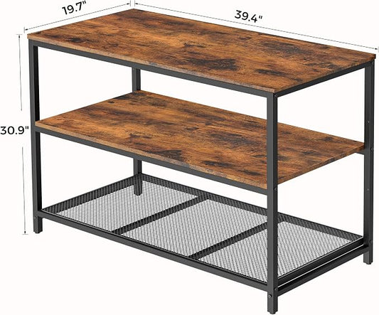 Homleke 39.4" L Kitchen Island with 3 Shelves, Kitchen Shelf with Large Workstation, Bakers Rack, Workbench, Metal Frame, Rustic Brown and Black