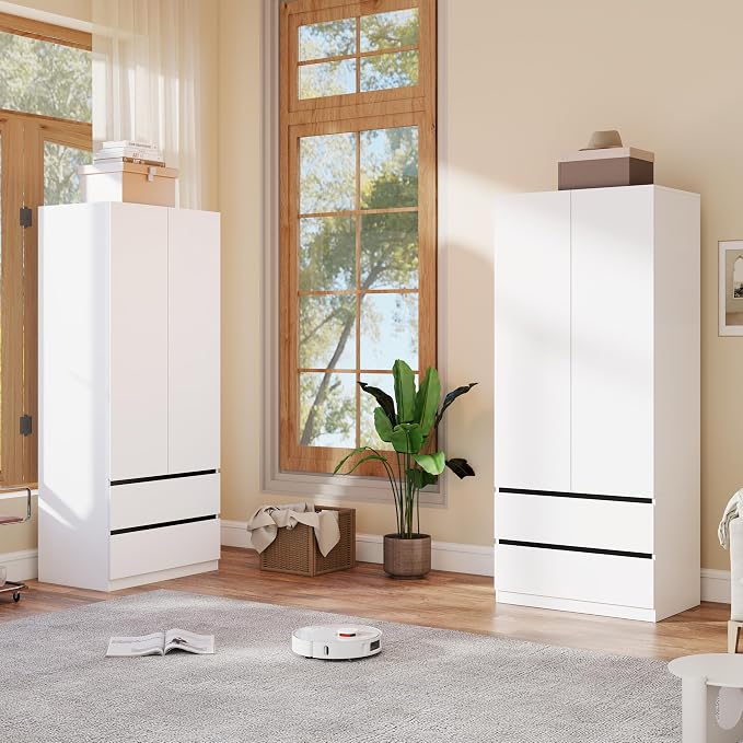 Armoire Wardrobe Closet with Drawers:75" Large White Wardrobe Closet Cabinet with 4 Doors for Hanging Clothes, Modern Wooden Bedroom Armoires with 4 Drawers and Storage (A+A, 63")