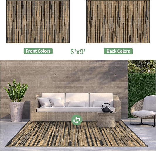 GENIMO Outdoor Rug for Patio Clearance, 6'x9' Waterproof Camping Mat, Reversible Plastic Straw Rugs for RV, Camper, Balcony, Backyard, Picnic, Deck (Black Brown)