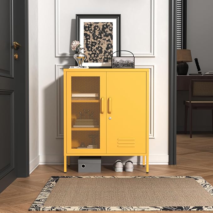 Yellow Lockable Mesh & Metal Door Storage Cabinet, 3-Tier Heavy Duty Steel Locker with 2 Adjustable Shelves, Accent Cabinet for Living Room, Home Office, 33" H x 29.5" W x 13.8" D