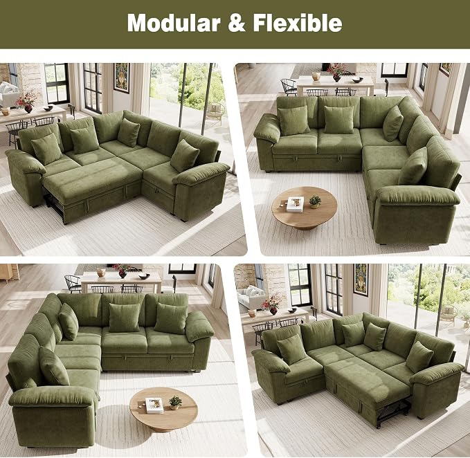 Ihanherry 86" Modular Sectional Sofa with Pull Out Bed, 5-Seater L Shaped Sectional Sleeper Couch with Storage, Chenille Convertible Couches for Living Room, Apartment (Green)