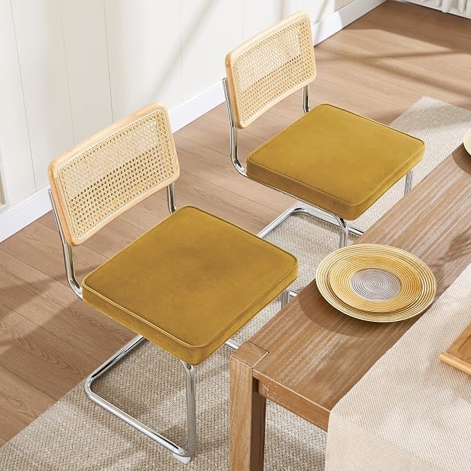 Zesthouse Dining Chairs Set of 4, Natural Rattan Accent Chairs with Solid Wood Back & Stainless Chrome Base, Mid Century Modern Breuer Design Inspired, Upholstered Velvet Kitchen Chairs, Yellow
