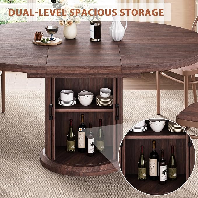 Jocoevol 47β³β63β³ Extendable Round Dining Table for 4β8 with Dust-Proof 2-Tier Storage Shelf Space Saving Expandable Wood Oval Circle Dinner Furniture with Pedestal Base (Brown)