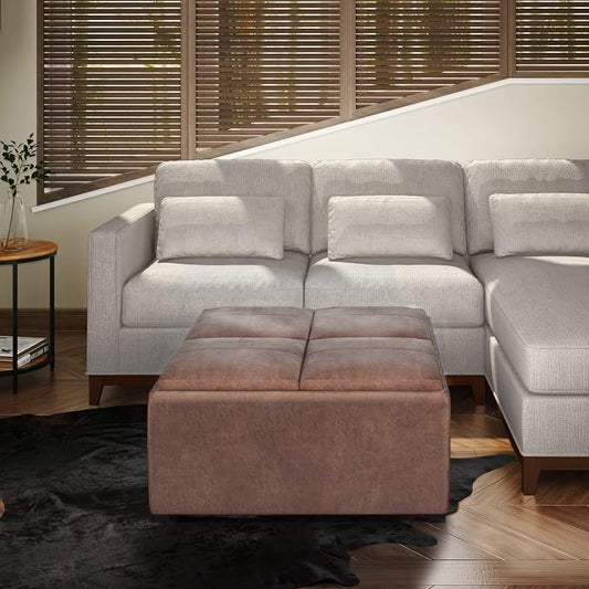 SIMPLIHOME Avalon Wide Contemporary Square Coffee Table Storage Ottoman, Distressed Umber Brown, Table Ottoman